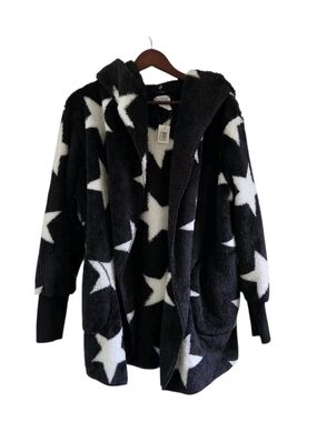 Top It Off Black White Star Print Open Hooded Cardigan Sherpa Women One Size New